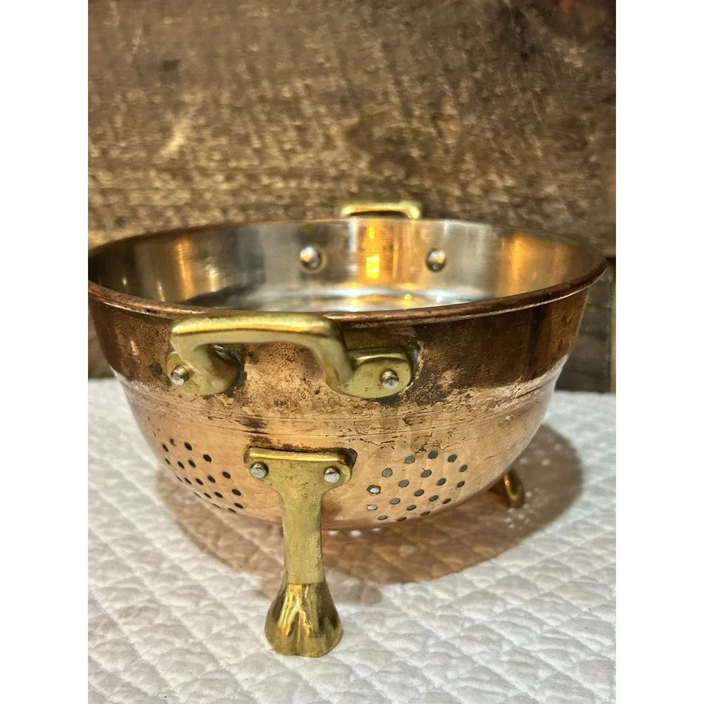 Vintage Small Copper Footed Colander Berry Strainer Brass Feet Cottage Farmhouse